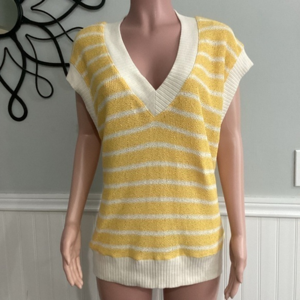 Zara NWOT Striped Knit Sweater Yellow White Oatmeal V Neck Oversized size Large